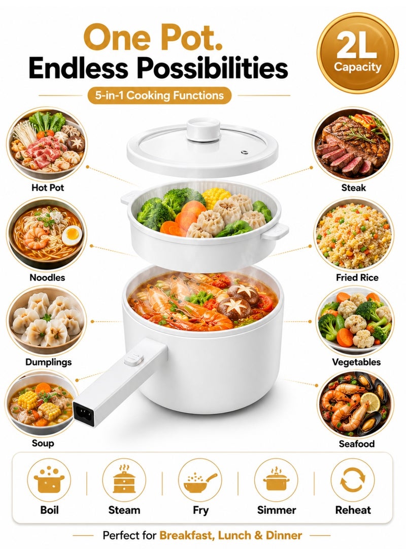 BT 2L Electric Mini Hot Pot with Steamer, Non-Stick Portable Electric Cooker, Dual Power Control (250W/600W), Overheat Protection, Adjustable Temperature for Noodles, Soup, Rice, Eggs, Dorm, Office & Travel - Image 2