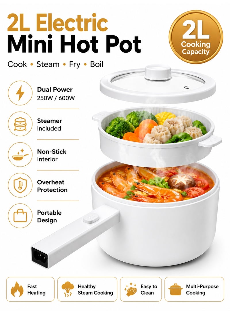 BT 2L Electric Mini Hot Pot with Steamer, Non-Stick Portable Electric Cooker, Dual Power Control (250W/600W), Overheat Protection, Adjustable Temperature for Noodles, Soup, Rice, Eggs, Dorm, Office & Travel - Image 1