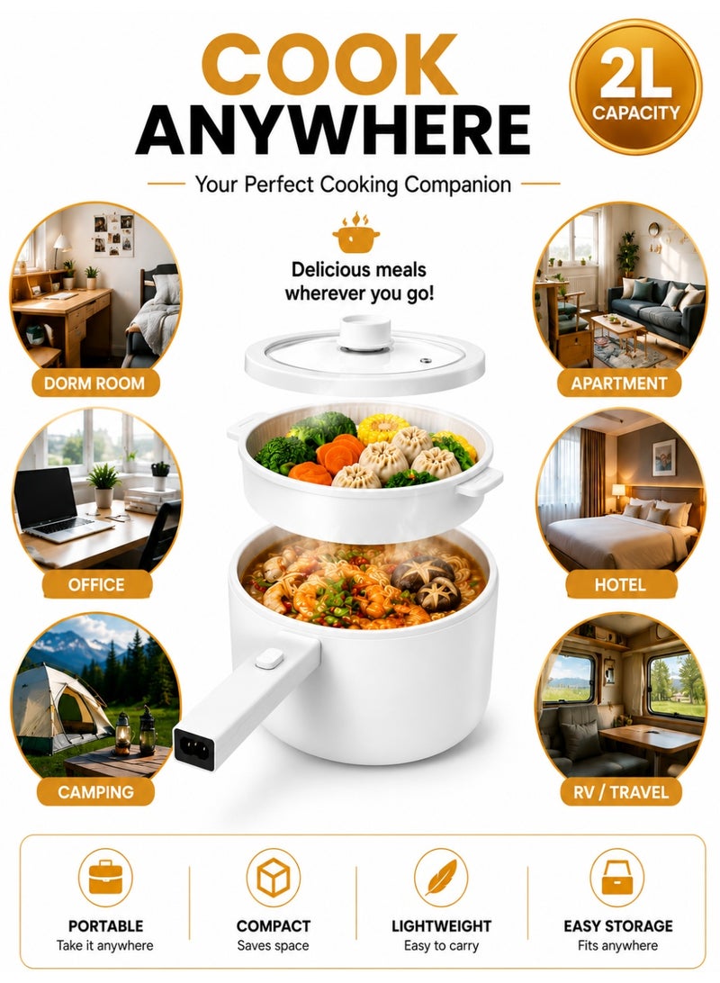 BT 2L Electric Mini Hot Pot with Steamer, Non-Stick Portable Electric Cooker, Dual Power Control (250W/600W), Overheat Protection, Adjustable Temperature for Noodles, Soup, Rice, Eggs, Dorm, Office & Travel - Image 5