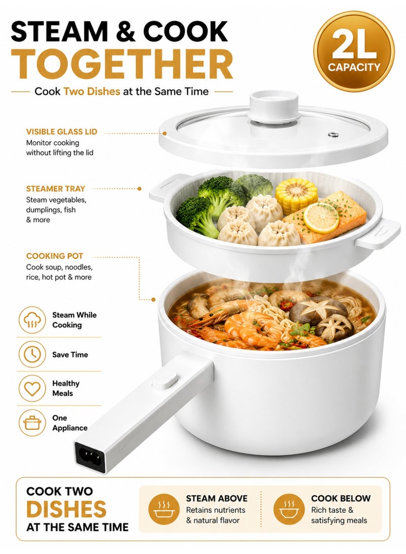 BT 2L Electric Mini Hot Pot with Steamer, Non-Stick Portable Electric Cooker, Dual Power Control (250W/600W), Overheat Protection, Adjustable Temperature for Noodles, Soup, Rice, Eggs, Dorm, Office & Travel - Image 4