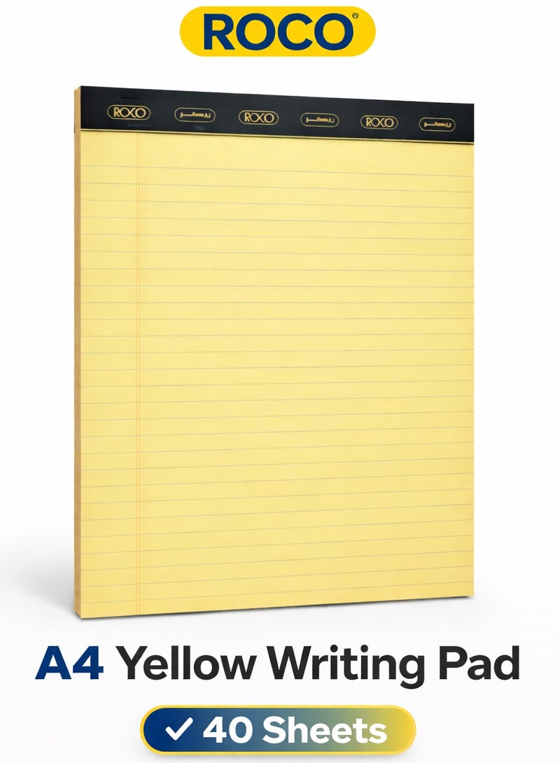 ROCO A4 Yellow Writing Pad 40 Sheets Ruled Notepad with Perforated Pages & Strong Backing for Office, School & Daily Use - Image 1