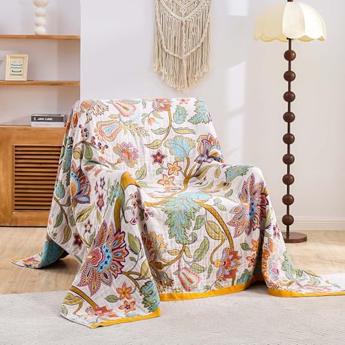 XIBLC Boho Throw Blanket for Bed 100 Cotton Soft Rustic Quilt Fall Blanket 50x60 Floral Printed Farmhouse Decor Bed Blankets All Season Rustic Reversible Bohemian Throw Quilt - Image 3