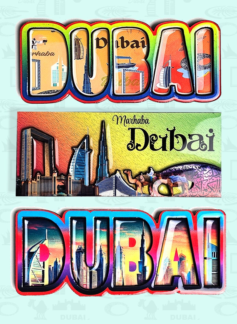 سوق الهدايا التذكارية مغناطيس ثلاجة من خشب MDF، 3 قطع (12×5 سم)، حجم كبير | معالم دبي الشهيرة | راتنج إيبوكسي لامع، للمنزل، تذكار، هدية للمسافرين، هدية تذكارية - Image 1