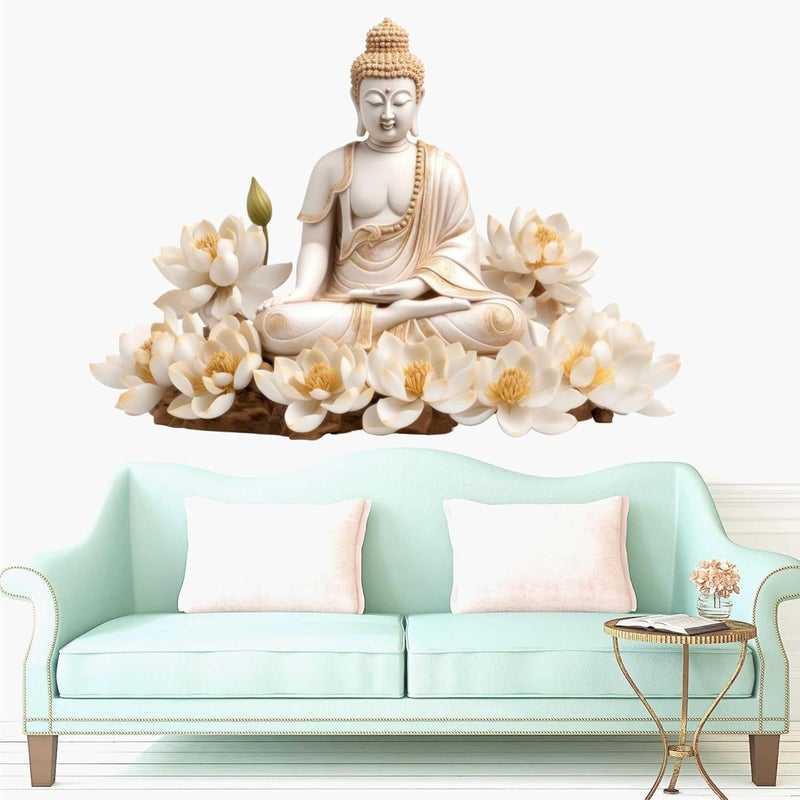 Wall Attraction Buddha and White Flower Wall Stickers Murals Size 76x55cm MD165_S - Image 1