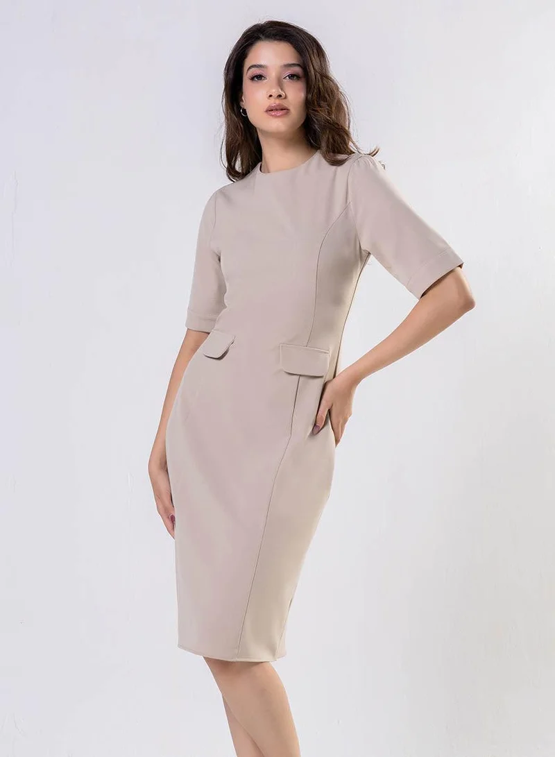 Round Neck Shift Dress With Flaps-Beige
