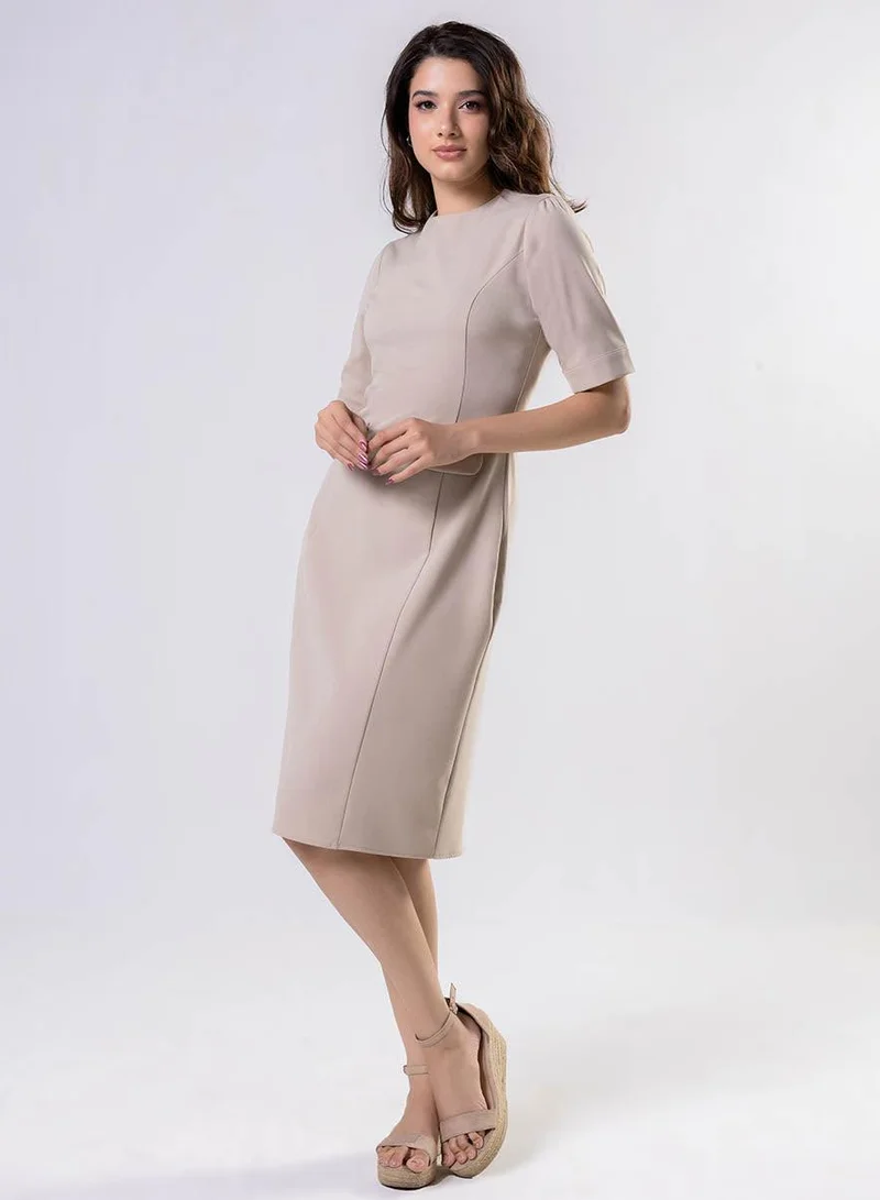 Zigzag Round Neck Shift Dress With Flaps-Beige