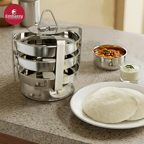 Embassy Stainless Steel Dhokla/Thatte/Plate Idli Maker/Stand | Diameter - 14.8 cm | 3 Plates, 3 Idlis | Idly Plates with Stand - Image 4