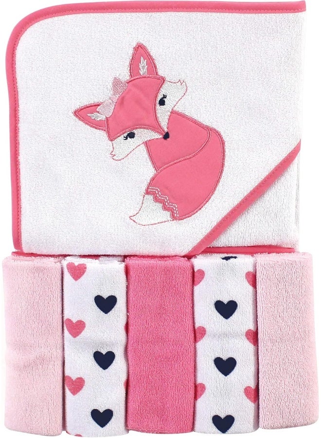 Luvable Friends Hooded Towel & Washcloths 5PC (Knit Terry) Pink Fox - Image 1