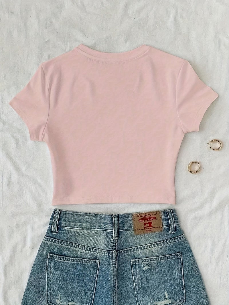Solid Color Short Printed Short - Sleeved T - Shirt - Pink / XS - Image 2