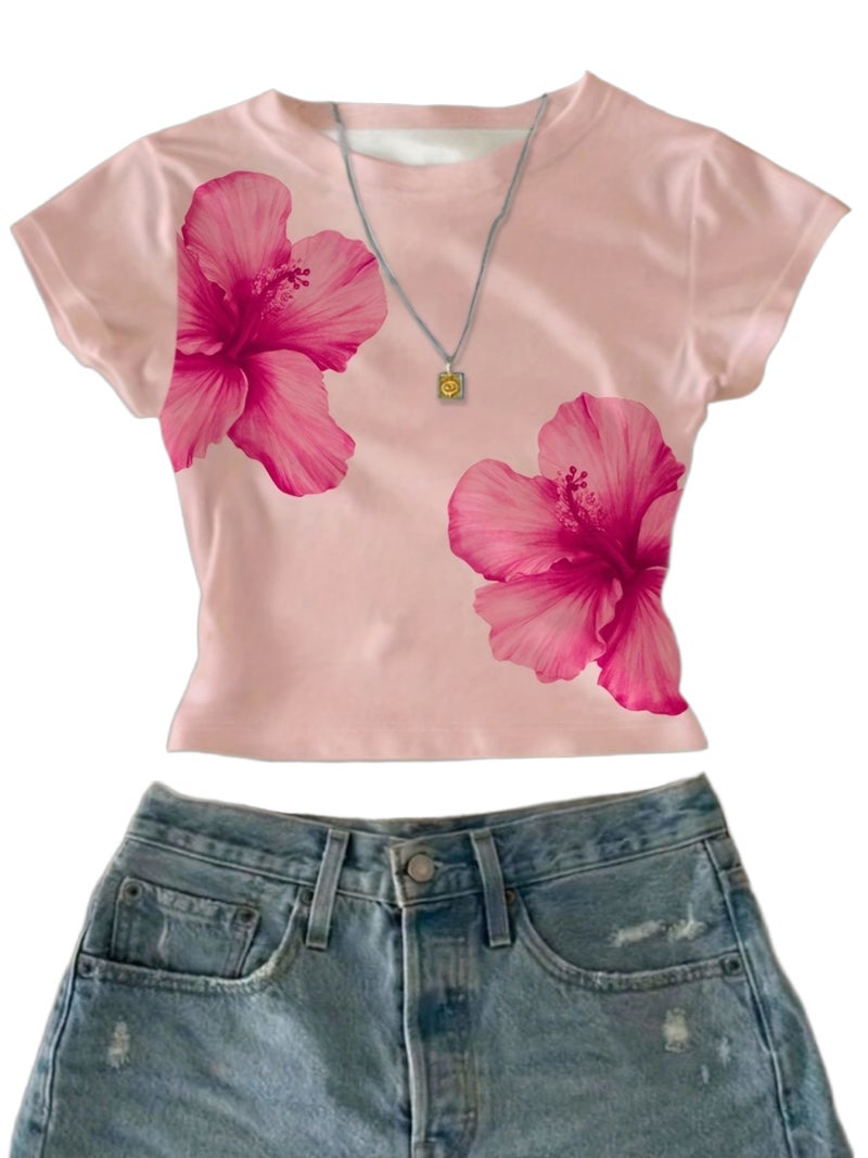Solid Color Short Printed Short - Sleeved T - Shirt - Pink / XS - Image 1