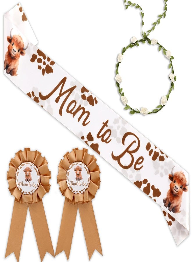 Serencatcher Highland Cow Mom to Be Sash, Highland Cow Baby Shower Favors Include Brown Mom Dad to Be Pin Sash Flower Crown Headband for Western Cowgirl Cowboy Gender Reveals Party Pregnancy Props - Image 1