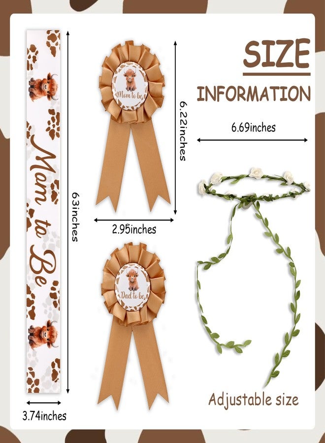 Serencatcher Highland Cow Mom to Be Sash, Highland Cow Baby Shower Favors Include Brown Mom Dad to Be Pin Sash Flower Crown Headband for Western Cowgirl Cowboy Gender Reveals Party Pregnancy Props - Image 2