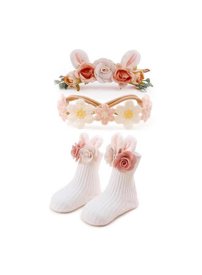 mligril mligril Baby Girls Headband & Socks Set, Cute Non Slip Cotton Socks with Flower Hair Bows Rabbit Ears Style Baby Accessories Easter Birthday Gifts Photography Prop for Newborn Infant Toddler - Image 1