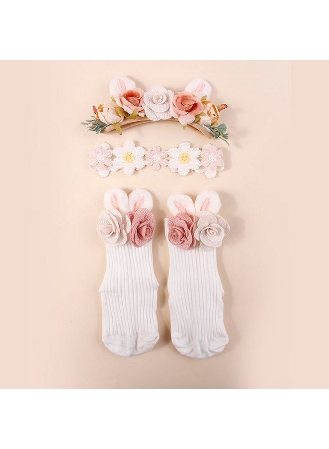 mligril mligril Baby Girls Headband & Socks Set, Cute Non Slip Cotton Socks with Flower Hair Bows Rabbit Ears Style Baby Accessories Easter Birthday Gifts Photography Prop for Newborn Infant Toddler - Image 2
