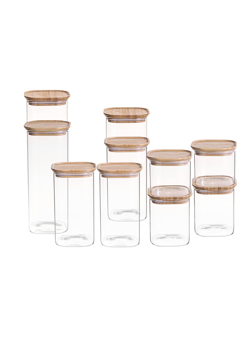 ايست من نون مجموعة من 10 برطمانات زجاجية مربعة مع غطاء من الخيزران، مجموعات حاويات للمطبخ، حاويات طعام قابلة للتكديس للقهوة| المكسرات| المعكرونة - Image 3