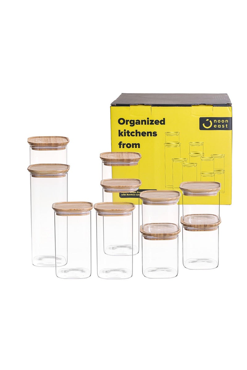 ايست من نون مجموعة من 10 برطمانات زجاجية مربعة مع غطاء من الخيزران، مجموعات حاويات للمطبخ، حاويات طعام قابلة للتكديس للقهوة| المكسرات| المعكرونة - Image 5