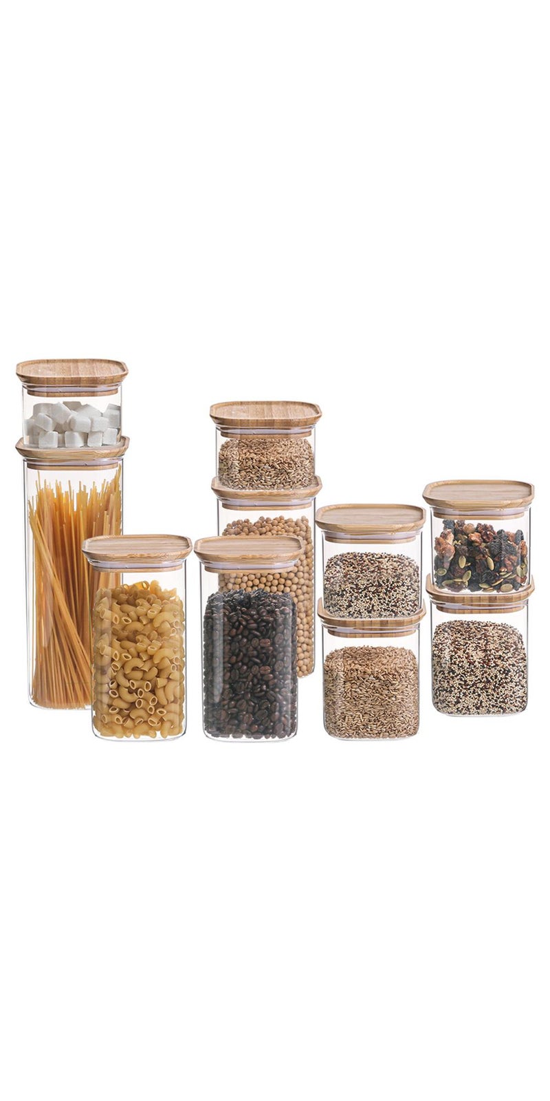 ايست من نون مجموعة من 10 برطمانات زجاجية مربعة مع غطاء من الخيزران، مجموعات حاويات للمطبخ، حاويات طعام قابلة للتكديس للقهوة| المكسرات| المعكرونة - Image 1
