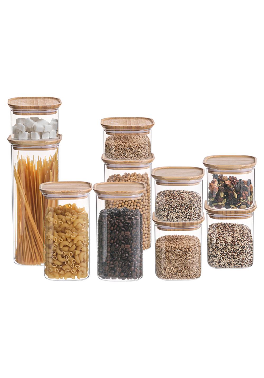 Set of 10 Square Glass Storage Jars with Bamboo Lid, Canisters Sets for the kitchen, Food Containers Stackable for Coffee Beans| Nuts| Pasta