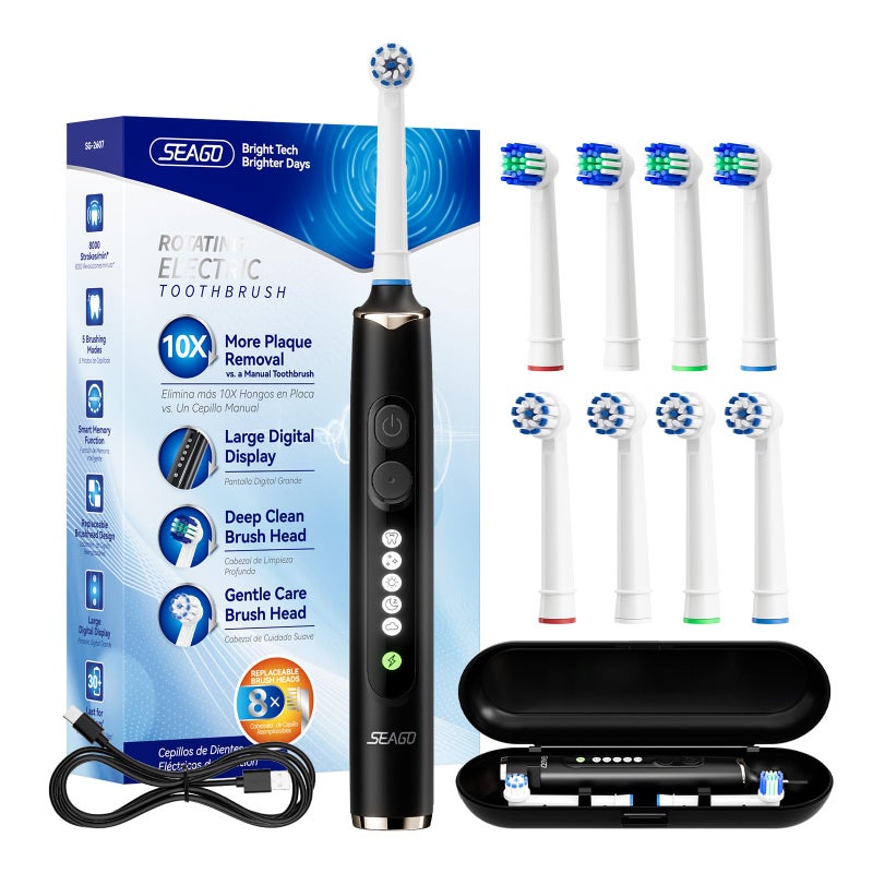 SEAGO Rotating Electric Toothbrush for Adults 8 Replacement Heads 4 Soft4 Hard IPX7 Waterproof 5 Modes with Memory Function 2Minute Timer USB TypeC Rechargeable SG2607Black - Image 2