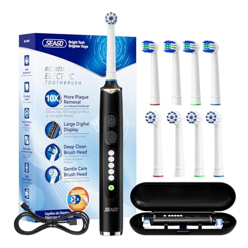 SEAGO Rotating Electric Toothbrush for Adults 8 Replacement Heads 4 Soft4 Hard IPX7 Waterproof 5 Modes with Memory Function 2Minute Timer USB TypeC Rechargeable SG2607Black - Image 1