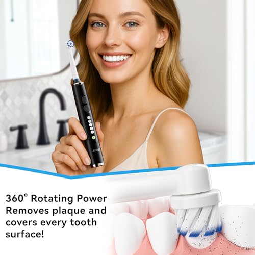 SEAGO Rotating Electric Toothbrush for Adults 8 Replacement Heads 4 Soft4 Hard IPX7 Waterproof 5 Modes with Memory Function 2Minute Timer USB TypeC Rechargeable SG2607Black - Image 3