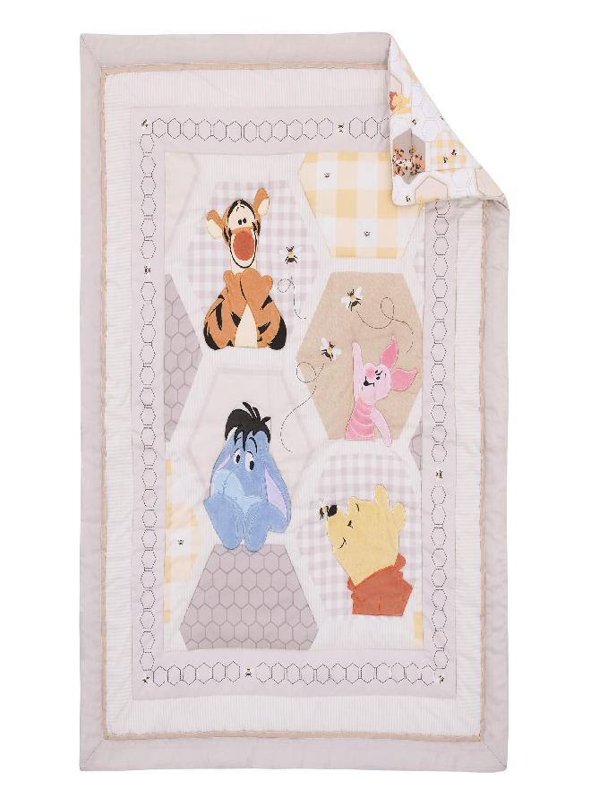 NoJo Disney Winnie The Pooh Hugs and Honeycombs Grey, White, and Tan Patchwork with Piglet, Tigger and Eeyore 3 Piece Crib Bedding Set - Comforter, 100% Cotton Fitted Crib Sheet, and Crib Skirt - Image 1