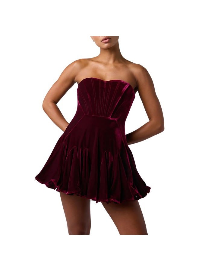 Lulus Womens Zarae Corset Velvet Flounce Skirt Mini Dress, Merlot, M - Image 1