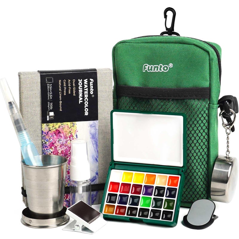 Funto Mini Watercolor Paint Set, All-in-One 24-Color Travel Paint Kit, with Crossbody Bag, Watercolor Journal, Paint Water Cup, Pocket Set for Artists - Image 1