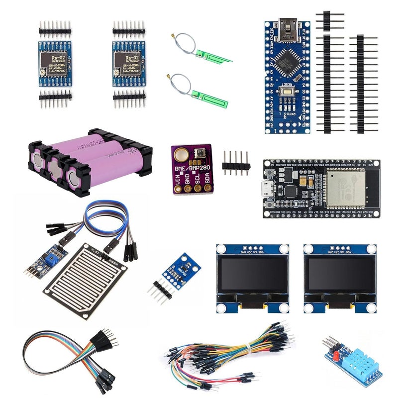 Electrobot DIY Weather Station Kit with LoRa SX1278 Transmitter/Receiver, Nano/ESP32 Controllers, 0.96" OLED Displays, 3.7V 3.6Ah Battery, Rain, DHT11, BMP280, BH1750 Sensors and Connecting Wires - Image 1