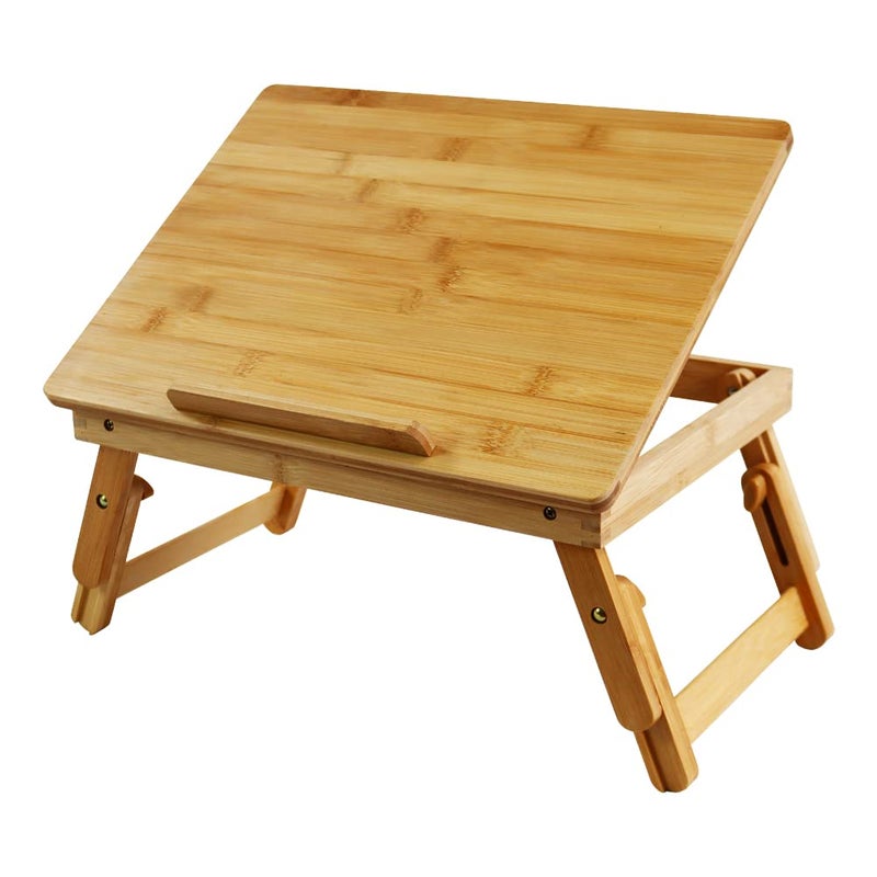 WKWKER Bamboo Laptop Desk with Folding Legs Tilting Surface Workstation Table Adjustable Laptop Stand Bed Tray for tv Sofa Study Computer Ipad Book Natural