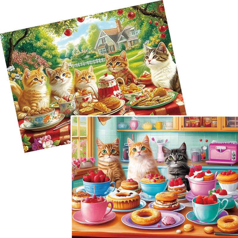 VOLUVOLU 2-Pack 300 Pieces Puzzles for Kids, Dessert Cat Puzzles 300 Pieces Party Cat Jigsaw Puzzles for Adults, Large Piece Puzzle, Puzzle Toys for Boys and Girls, Family Activity Game Nights Gifts - Image 1