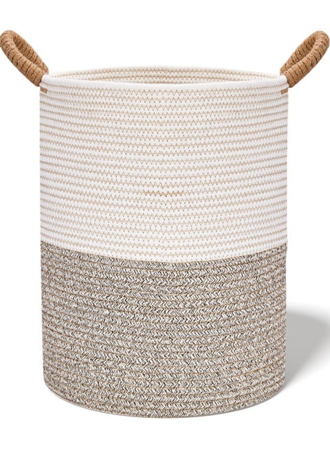 Woven Cotton Rope Storage Basket with Handles,13.7" x 13.7" x 17.3" Storage Baskets,Baby Nursery Storage Basket,Woven Laundry Hamper Basket for Bedroom, Closet, Living Room (Grey/Tall)