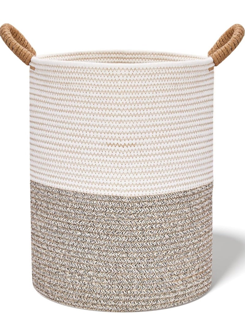 AUTOYSUR Woven Cotton Rope Storage Basket with Handles,13.7" x 13.7" x 17.3" Storage Baskets,Baby Nursery Storage Basket,Woven Laundry Hamper Basket for Bedroom, Closet, Living Room (Grey/Tall)  - Image 1