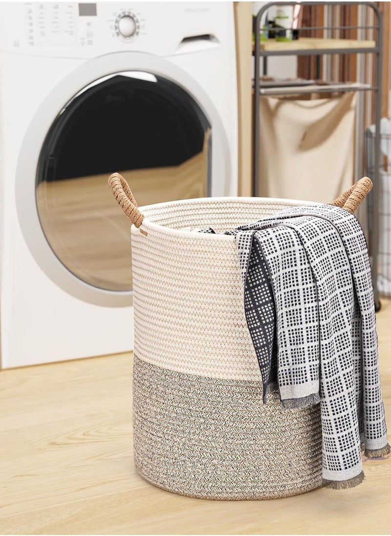 AUTOYSUR Woven Cotton Rope Storage Basket with Handles,13.7" x 13.7" x 17.3" Storage Baskets,Baby Nursery Storage Basket,Woven Laundry Hamper Basket for Bedroom, Closet, Living Room (Grey/Tall)  - Image 4