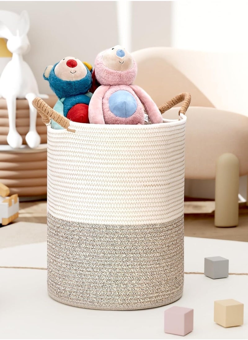 AUTOYSUR Woven Cotton Rope Storage Basket with Handles,13.7" x 13.7" x 17.3" Storage Baskets,Baby Nursery Storage Basket,Woven Laundry Hamper Basket for Bedroom, Closet, Living Room (Grey/Tall)  - Image 3