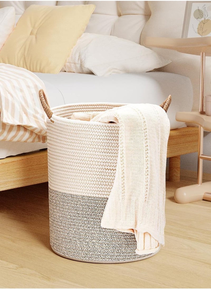 AUTOYSUR Woven Cotton Rope Storage Basket with Handles,13.7" x 13.7" x 17.3" Storage Baskets,Baby Nursery Storage Basket,Woven Laundry Hamper Basket for Bedroom, Closet, Living Room (Grey/Tall)  - Image 2