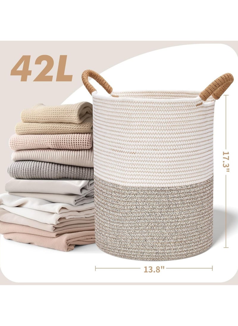 AUTOYSUR Woven Cotton Rope Storage Basket with Handles,13.7" x 13.7" x 17.3" Storage Baskets,Baby Nursery Storage Basket,Woven Laundry Hamper Basket for Bedroom, Closet, Living Room (Grey/Tall)  - Image 5