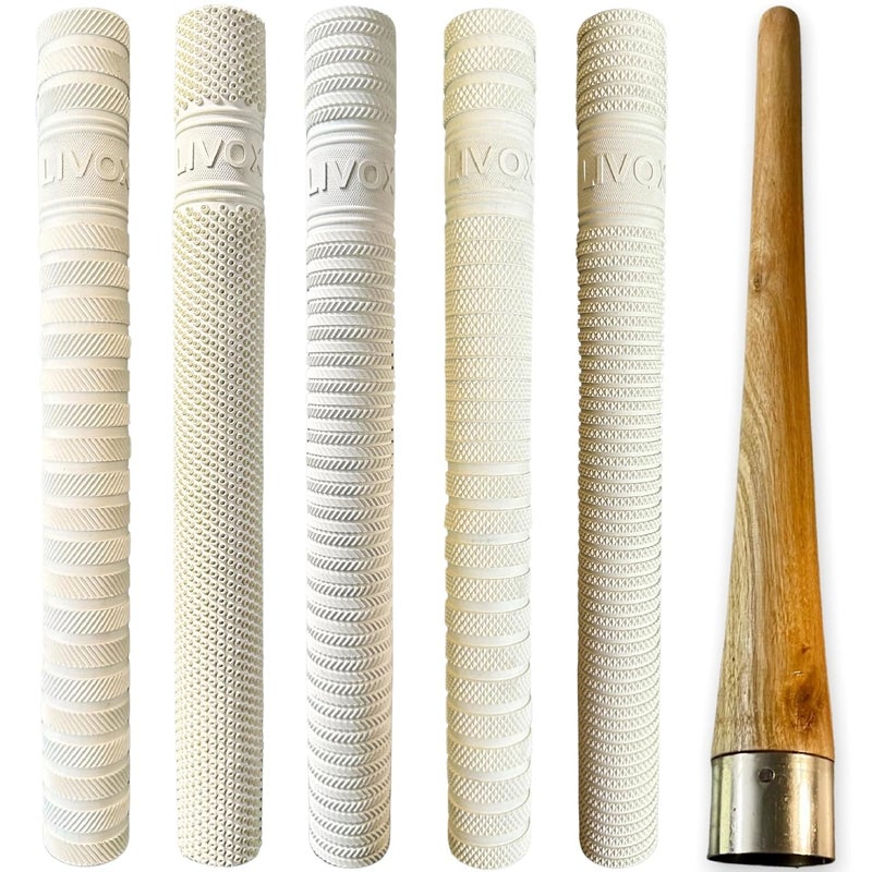 LIVOX Rubber White Textured Cricket Bat Handle Grip for Shock Absorption with Wooden Cone Cricket Bat Accessories (5 Grips and 1 Cone) - Image 1