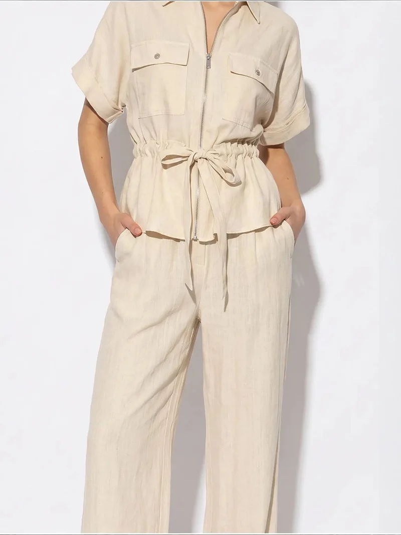 Bianco Lucci Cream Natural LUCCI Cotton Vest And Wide-Leg Trousers Set for Women | Best Price UAE