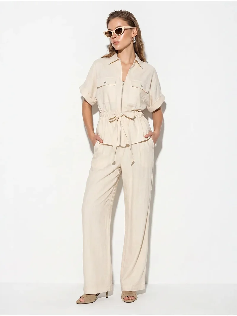 Bianco Lucci Cream Natural LUCCI Cotton Vest And Wide-Leg Trousers Set for Women | Best Price UAE