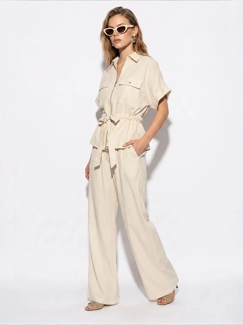 Bianco Lucci Cream Natural LUCCI Cotton Vest And Wide-Leg Trousers Set for Women | Best Price UAE