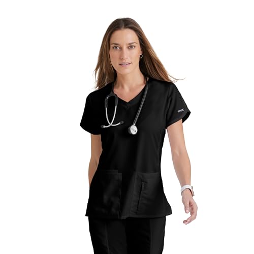 Barco Grey’s Anatomy by BARCO Classic Cora Scrub Top for Women – Black, 4-Pocket Crossover V-Neck Scrub Shirt with Natural Stretch, Soil Release Fabric, and Super-Soft Finish – Medium, Regular Fit - Image 1