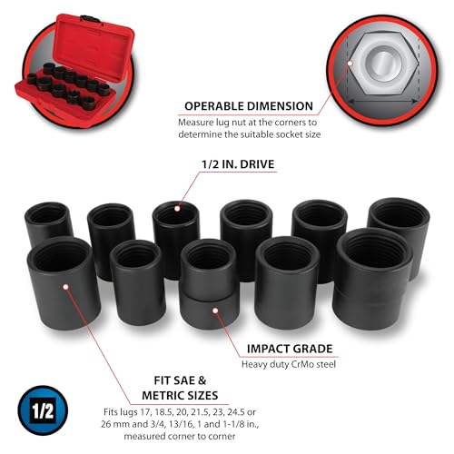 Performance Tool M991 11pc Master Lug Nut Socket Set, Designed to fit Lug Nuts That Measure 17, 18.5, 20, 21.5, 23, 24.5 or 26mm and 3/4, 13/16, 1 and 1-1/8-Inch - Image 2
