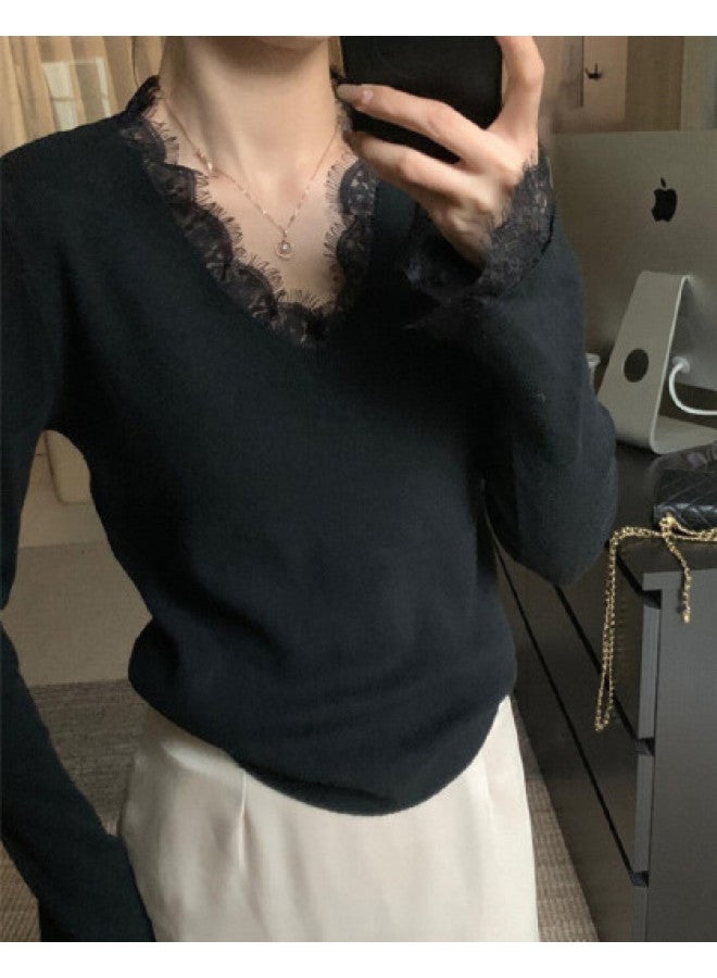 PLANDOO Exquisite French Style Lace V-Neck Base Shirt Women'S Autumn Winter Bell Sleeve Top High-End Knitted Sweater Inner Wear - Image 1