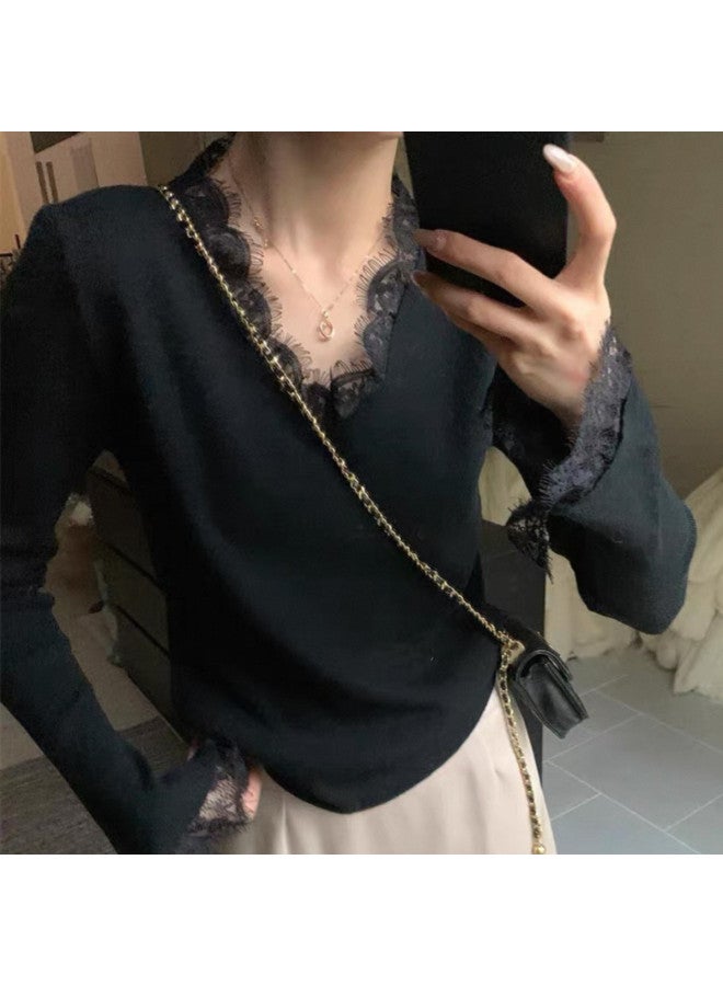 PLANDOO Exquisite French Style Lace V-Neck Base Shirt Women'S Autumn Winter Bell Sleeve Top High-End Knitted Sweater Inner Wear - Image 3