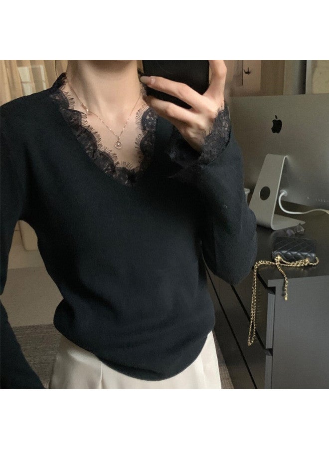 PLANDOO Exquisite French Style Lace V-Neck Base Shirt Women'S Autumn Winter Bell Sleeve Top High-End Knitted Sweater Inner Wear - Image 2