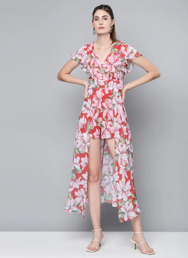 Coral Red Floral Layered Playsuit for Women
