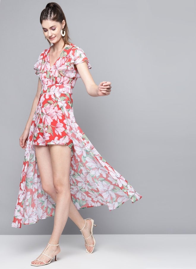 SASSAFRAS Coral Red Floral Layered Playsuit for Women - Image 3