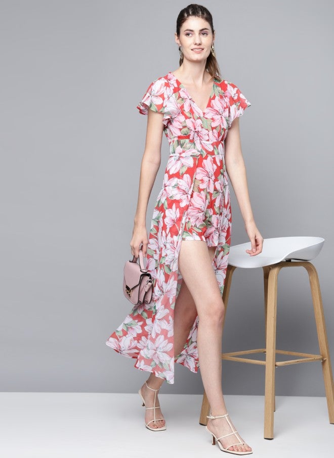 SASSAFRAS Coral Red Floral Layered Playsuit for Women - Image 5