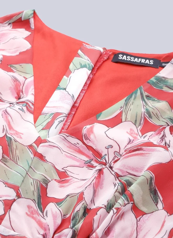 SASSAFRAS Coral Red Floral Layered Playsuit for Women